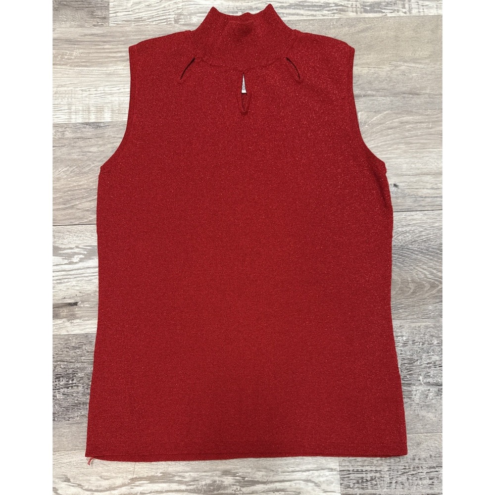 Y2K Mock Neck Tank Top Red Shimmer Christmas Camisole Silk Blend‎ Sz Small